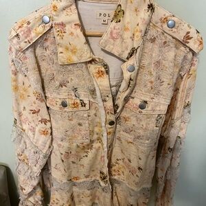 Pol Floral Lace Jean Jacket - Cream and Pink